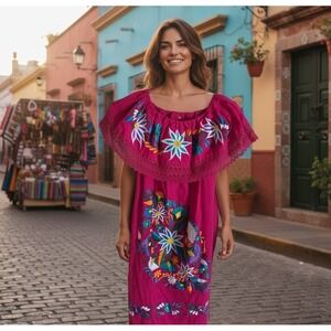 Authentic Artisan Handmade Mexican Dress Floral Embroidered Vibrant Pink/ M